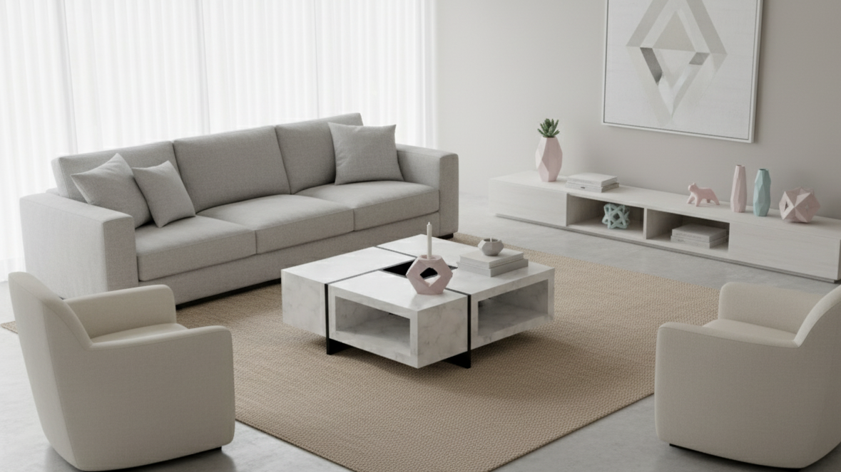 Modern living room with gray sofa, white chairs, and a coffee table.